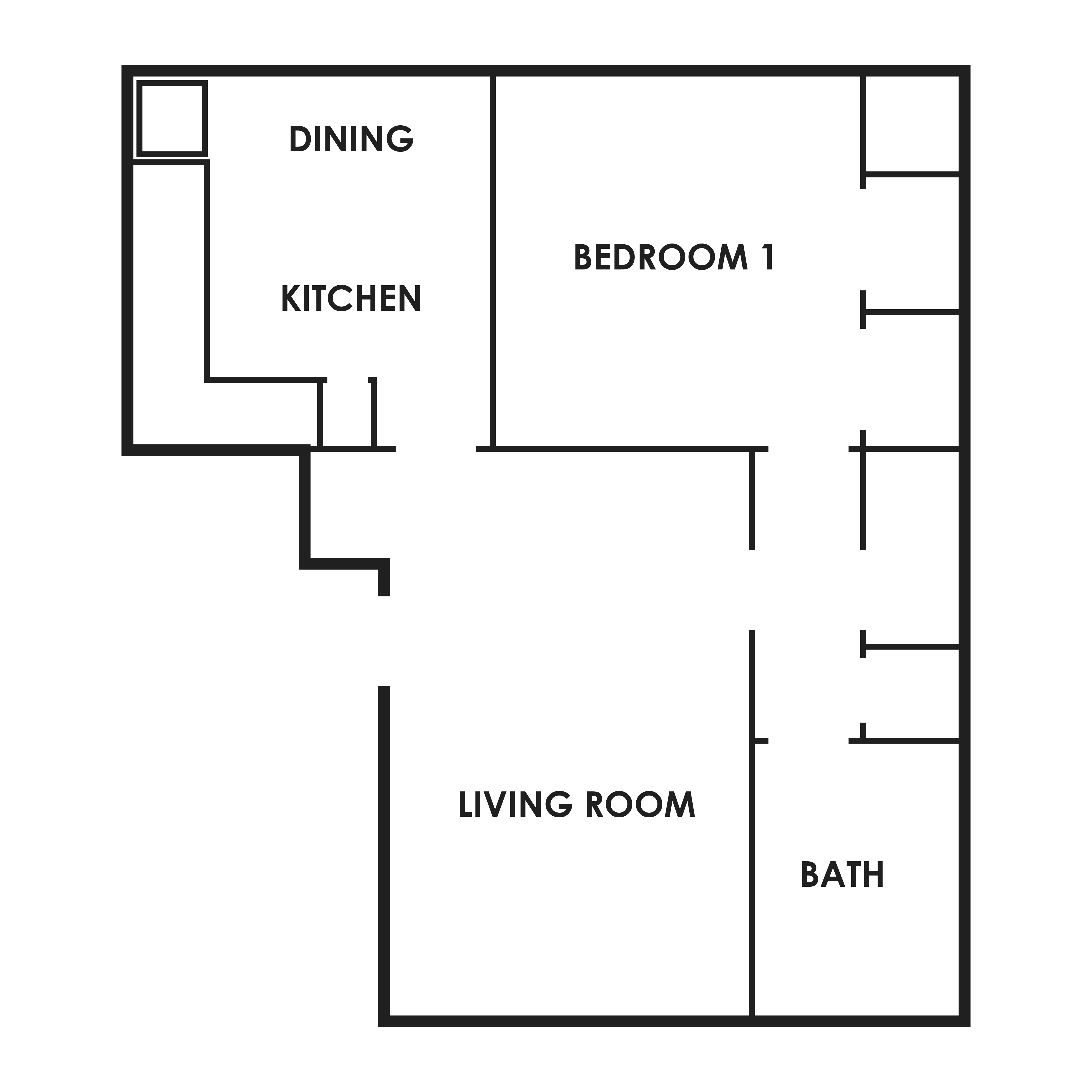Floor plan for 1 bed, 1 bath, 637 sqft
